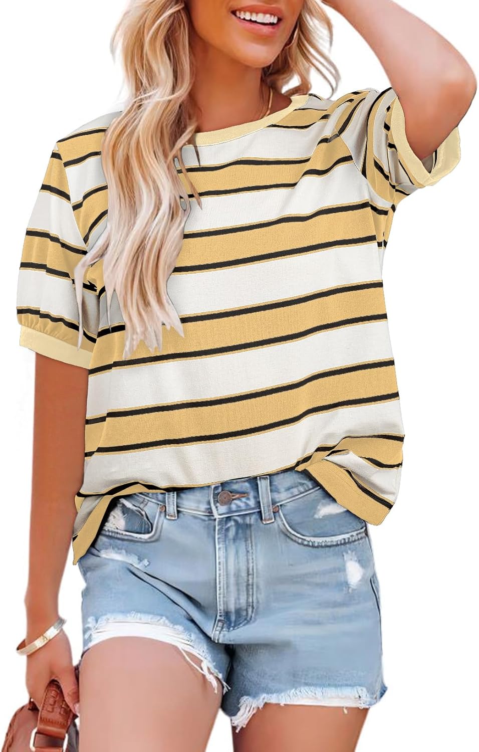 Dokotoo Womens Summer Tops 2026 Striped Color Block Short Sleeve Fashion T-Shirts Crewneck Casual Loose Basic Tee Blouses