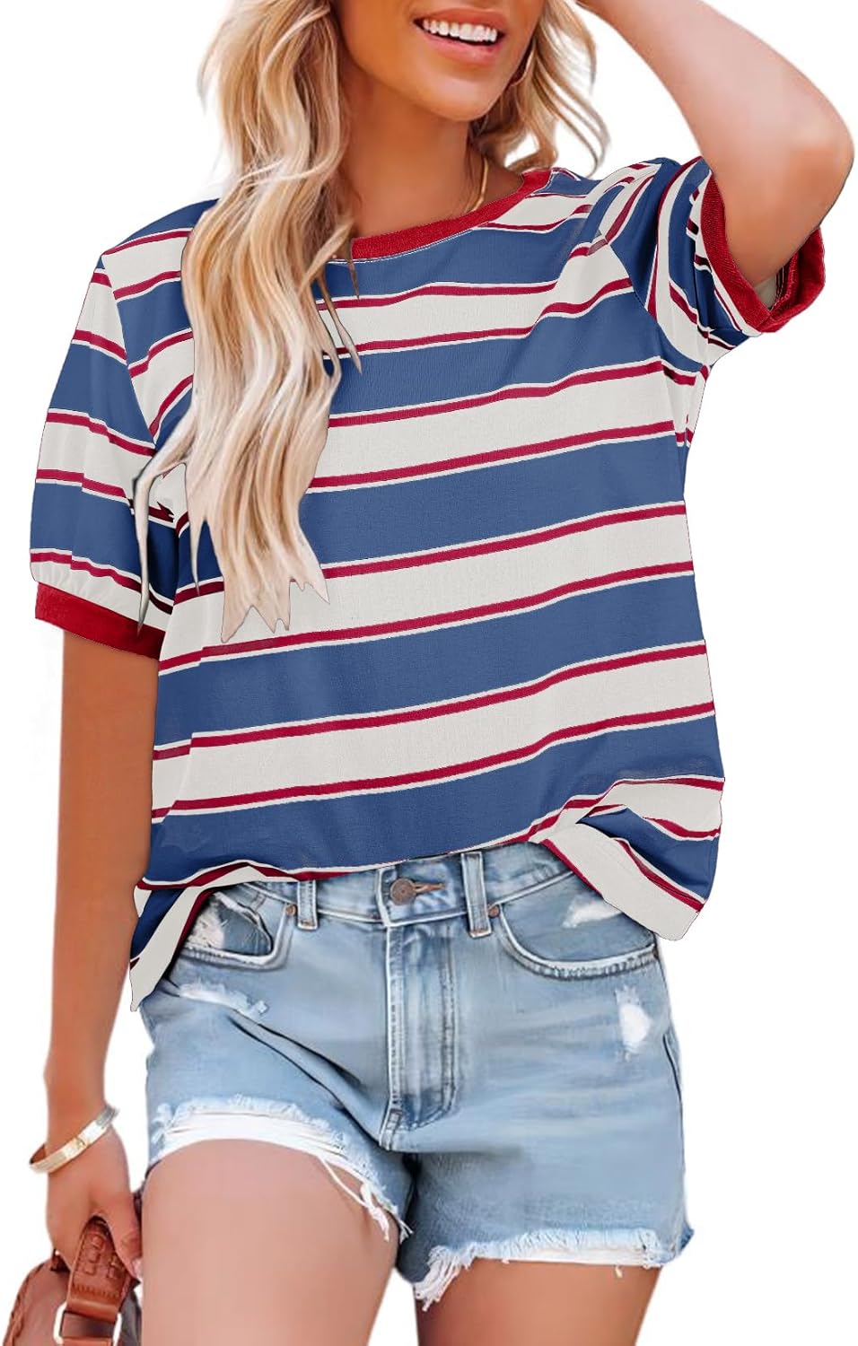 Dokotoo Womens Summer Tops 2026 Striped Color Block Short Sleeve Fashion T-Shirts Crewneck Casual Loose Basic Tee Blouses