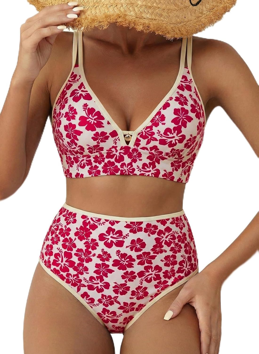 Herseas Women's 2 Piece Floral Print Bikini Sets V Neck Stitch Swimsuits High Waisted Bathing Suit Beach Summer Swimwear