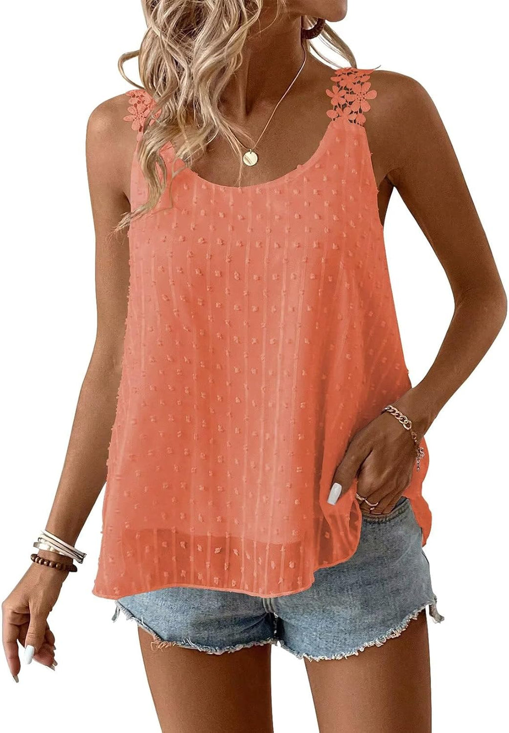 Womens Tank Tops Flowy Sleeveless Summer Boho Tank Top for Women Casual Crewneck Strap Lace Camisole Shirts