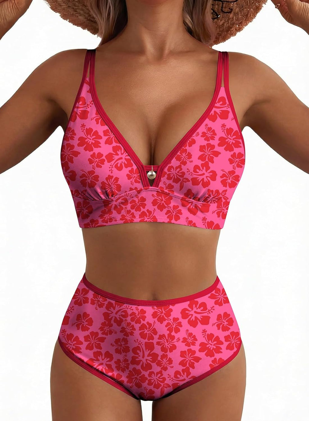 Herseas Women's 2 Piece Floral Print Bikini Sets V Neck Stitch Swimsuits High Waisted Bathing Suit Beach Summer Swimwear