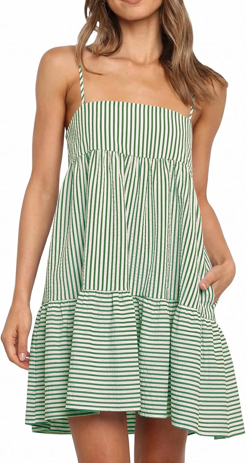 Wenrine Womens Summer Striped Mini Dress Casual Spaghetti Strap Sleeveless A Line Beach Sundress with Pockets