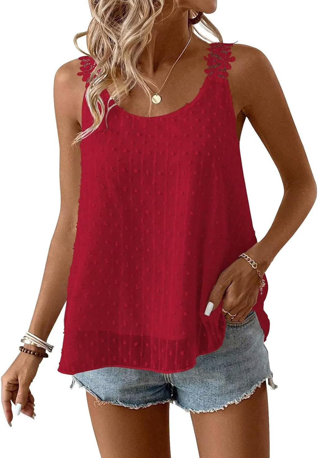 Womens Tank Tops Flowy Sleeveless Summer Boho Tank Top for Women Casual Crewneck Strap Lace Camisole Shirts