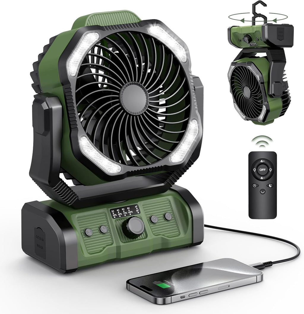 Peouix Portable Rechargeable Fan, 20000mAh Cordless Battery Powered Camping Tent Fans with LED Lantern, Small USB C Operated Outdoor Ventiladores for Travel Camp Fishing Office Home Essentials