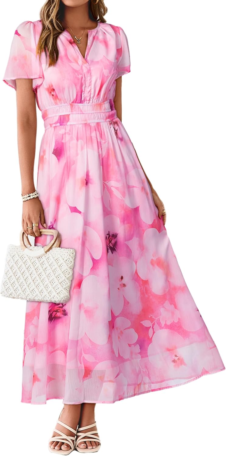 Simplee Women Floral Summer Maxi Dress Boho Flowy Casual Chiffon Short Sleeves V Neck Long Wedding Guest Dresses