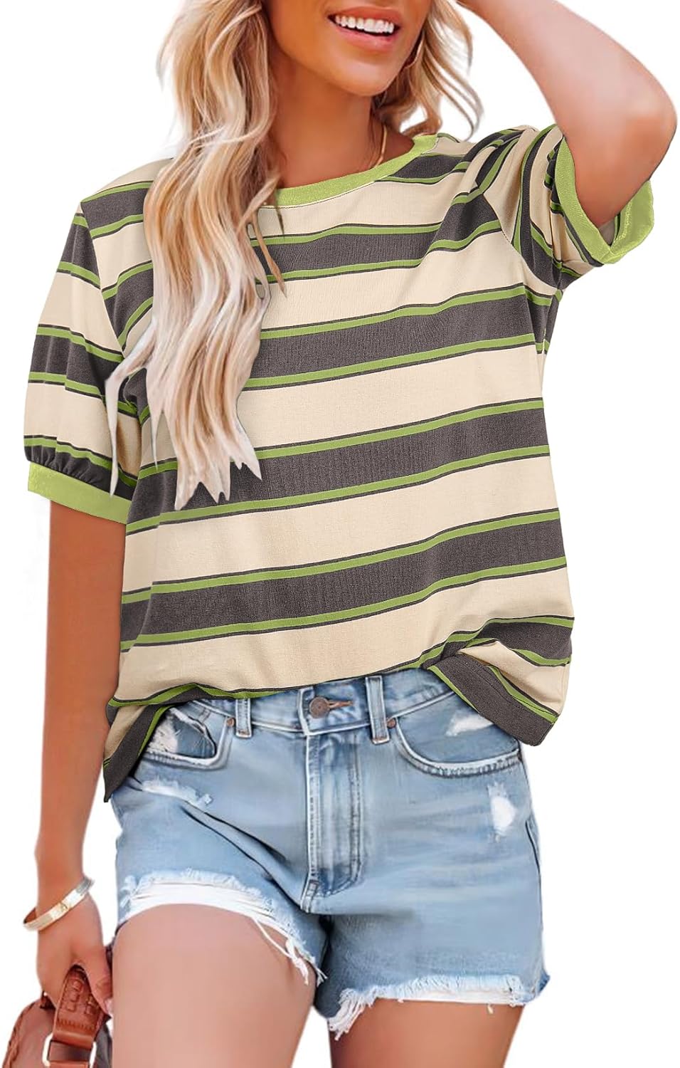 Dokotoo Womens Summer Tops 2026 Striped Color Block Short Sleeve Fashion T-Shirts Crewneck Casual Loose Basic Tee Blouses