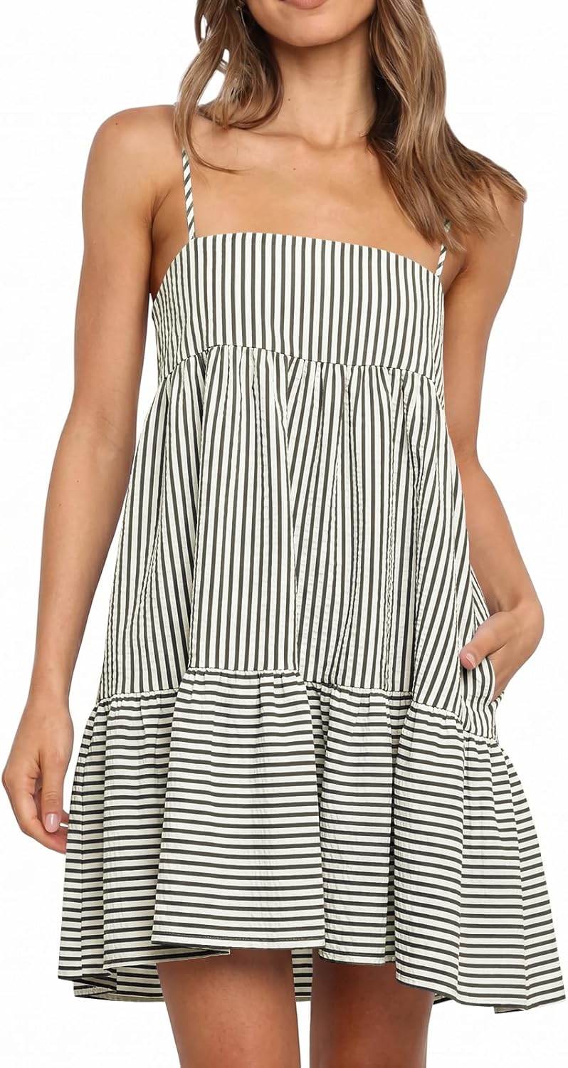 Wenrine Womens Summer Striped Mini Dress Casual Spaghetti Strap Sleeveless A Line Beach Sundress with Pockets
