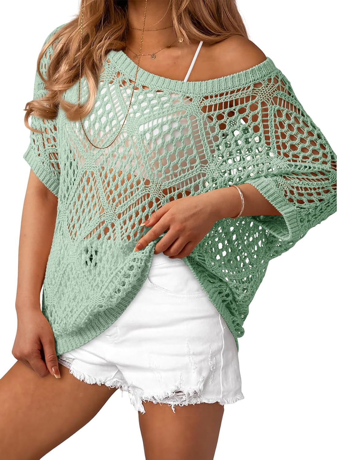 Dokotoo Women's Crochet Cover Up Tops Summer Short Sleeve Off Shoulder Sweater Shirts Beach Swimsuit Coverup