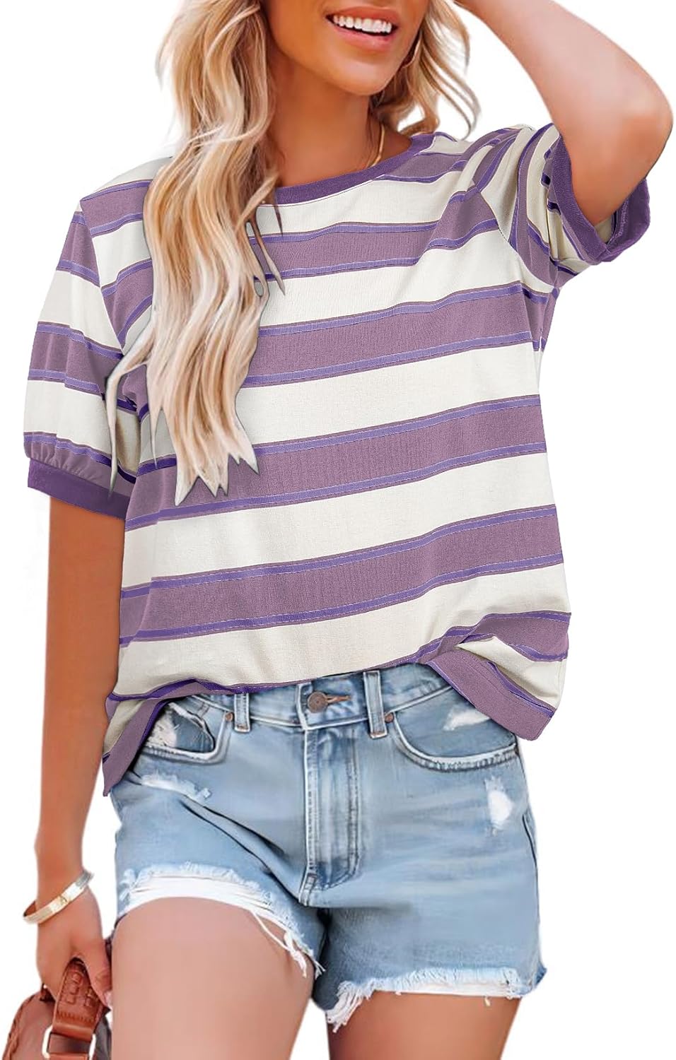 Dokotoo Womens Summer Tops 2026 Striped Color Block Short Sleeve Fashion T-Shirts Crewneck Casual Loose Basic Tee Blouses