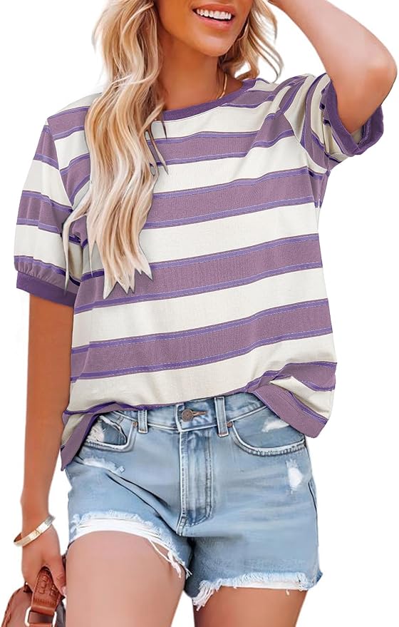 Dokotoo Womens Summer Tops 2026 Striped Color Block Short Sleeve Fashion T-Shirts Crewneck Casual Loose Basic Tee Blouses