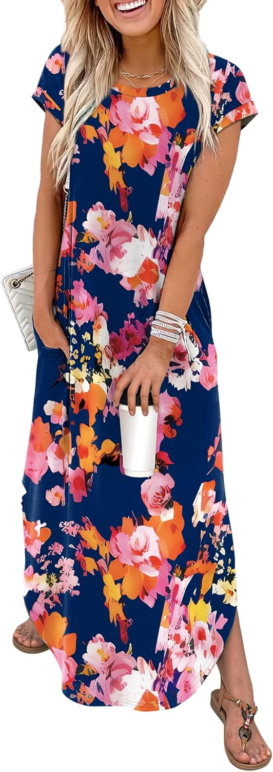 WIHOLL Summer Dresses Cap Sleeve Crewneck Maxi Long Casual Dress with Pockets Beach Vacation Sundresses 2026 Trendy
