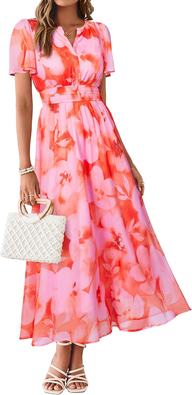 Simplee Women Floral Summer Maxi Dress Boho Flowy Casual Chiffon Short Sleeves V Neck Long Wedding Guest Dresses