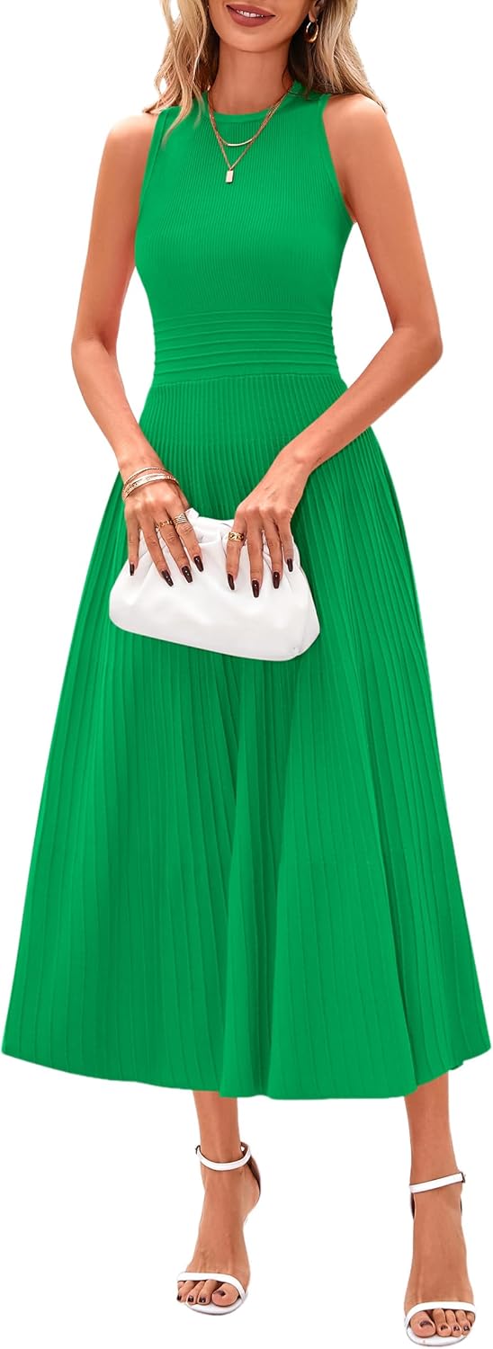 PRETTYGARDEN Spring Casual Dresses for Women 2026 Summer Business Work Midi Sleeveless A Line Pleated Cocktail Dress