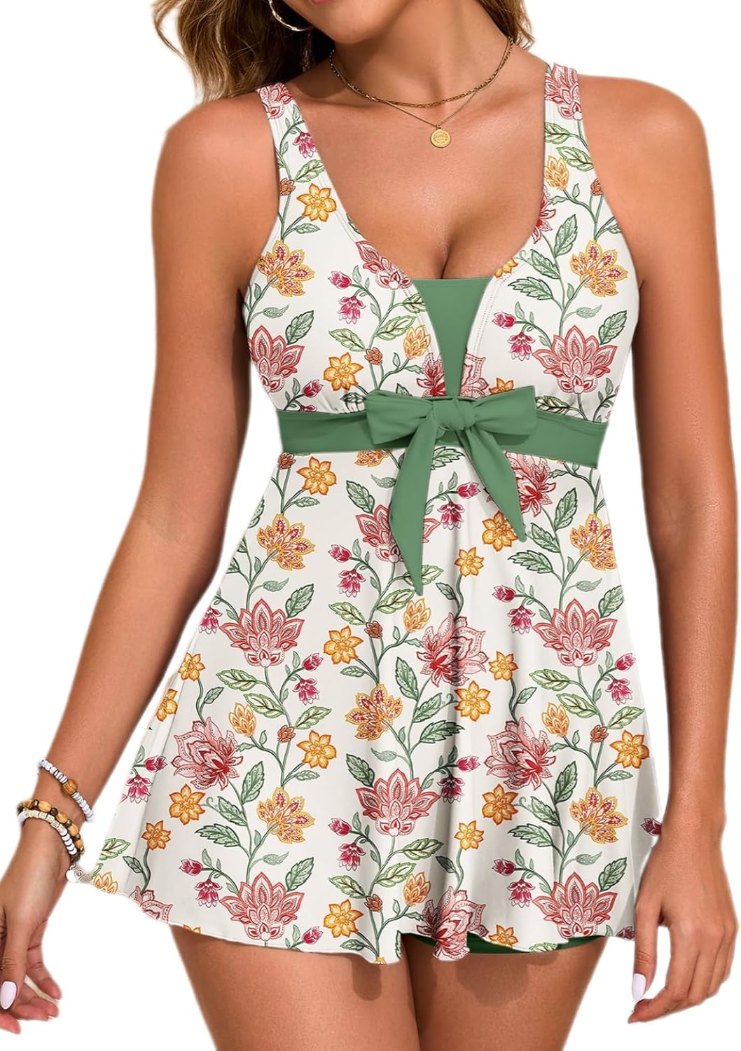 Aleumdr Women Printed Two Piece Tankini Swimsuits Tummy Control Swim Dress High Waisted Boyshort with Pockets