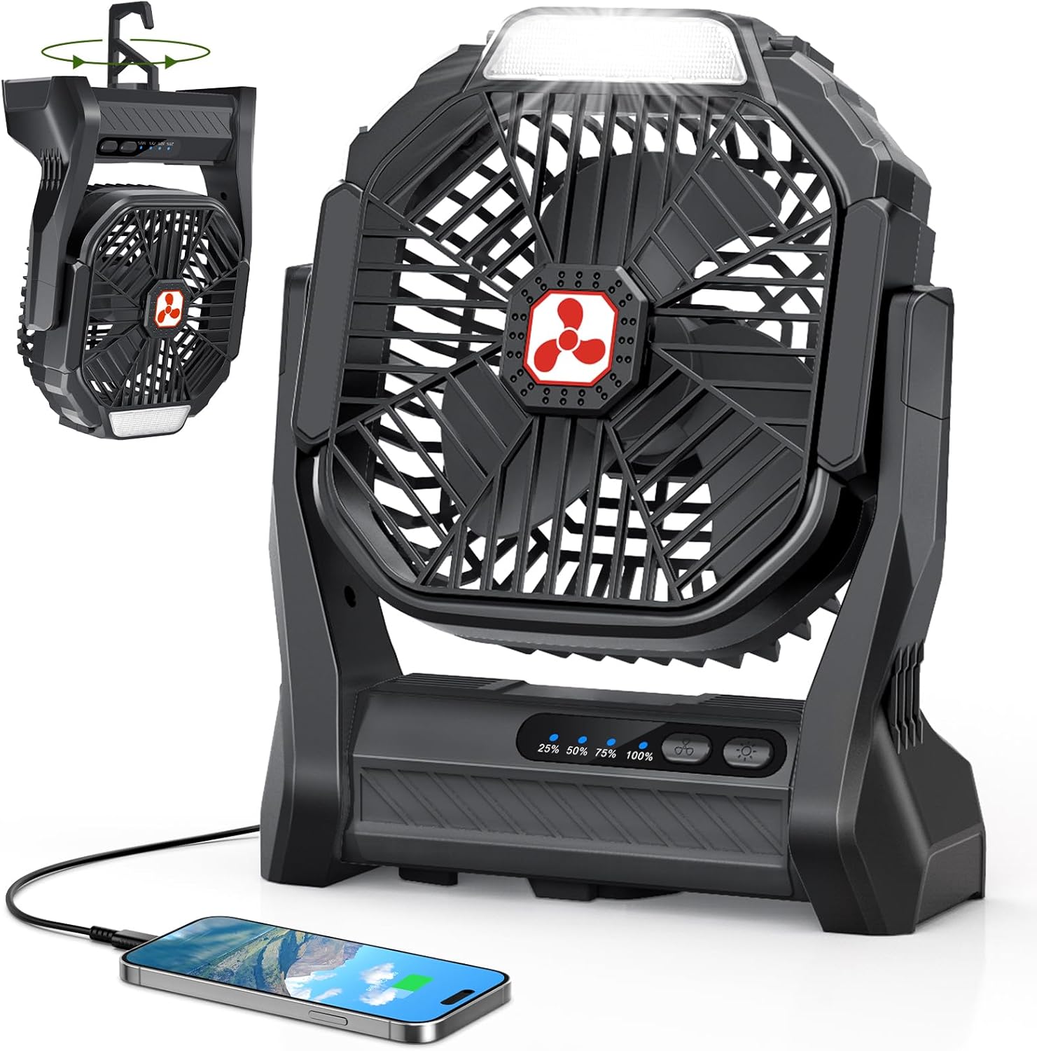 Peouix Portable Rechargeable Fan, 20000mAh Cordless Battery Powered Camping Tent Fans with LED Lantern, Small USB C Operated Outdoor Ventiladores for Travel Camp Fishing Office Home Essentials
