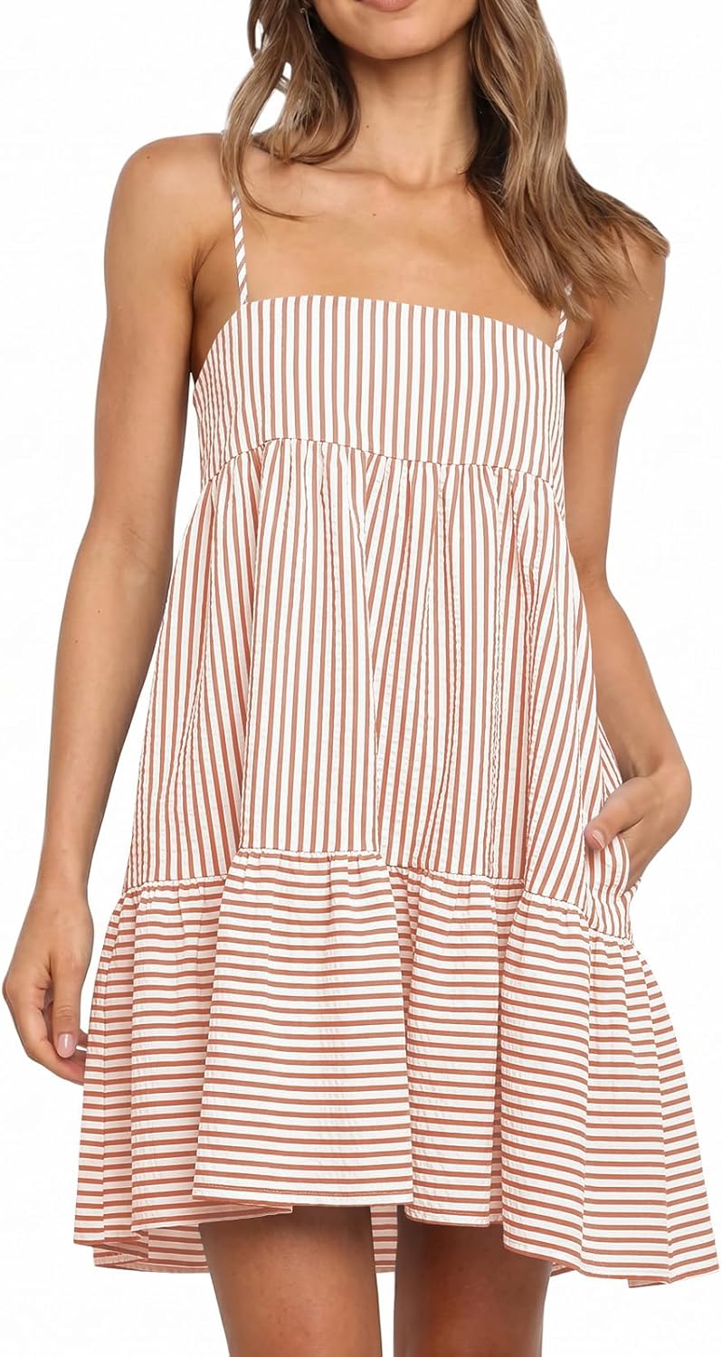 Wenrine Womens Summer Striped Mini Dress Casual Spaghetti Strap Sleeveless A Line Beach Sundress with Pockets