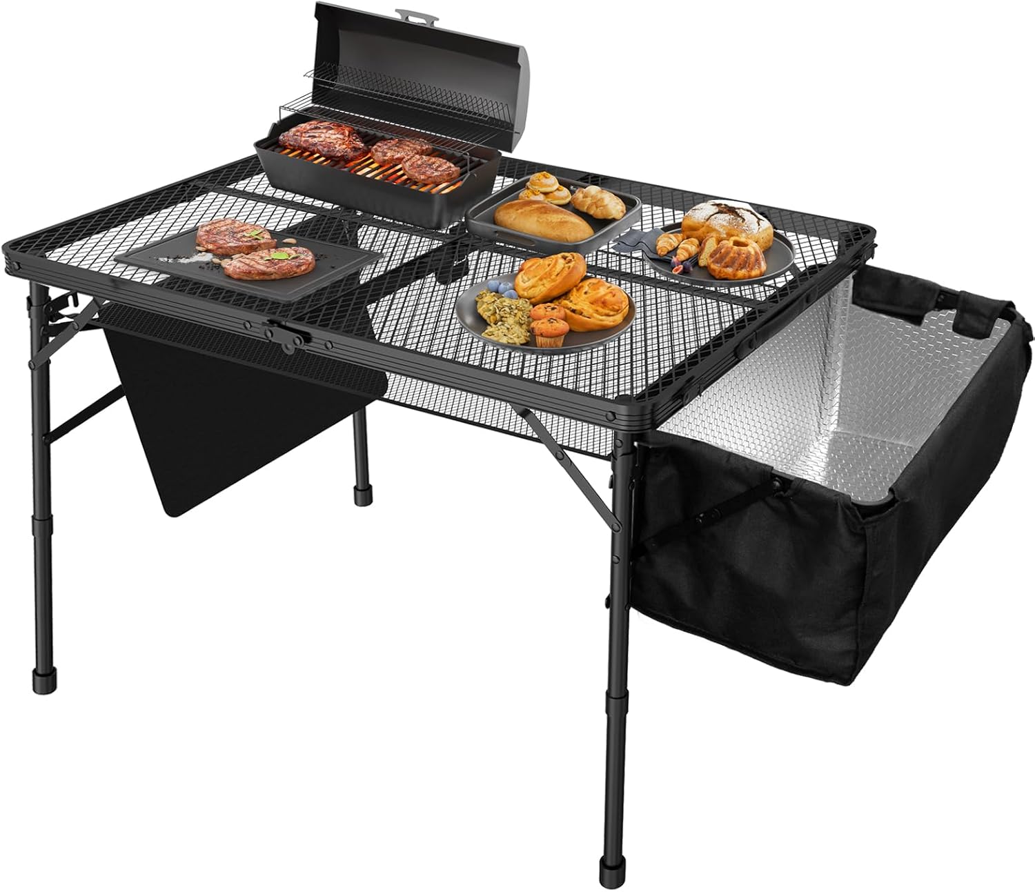 WildFinder Folding Table with 2 Wing Panels, 3x2 FT Camping Table with Mesh Desktop,Height Adjustable Folding Grill Table with Mesh Bag,Portable Outdoor Table for Picnic,Camping,BBQ,Beach(Black)