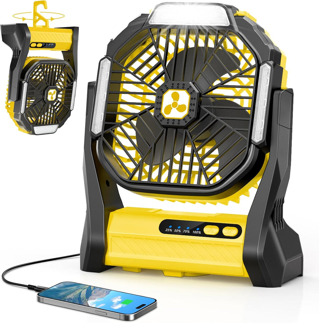 Peouix Portable Rechargeable Fan, 20000mAh Cordless Battery Powered Camping Tent Fans with LED Lantern, Small USB C Operated Outdoor Ventiladores for Travel Camp Fishing Office Home Essentials