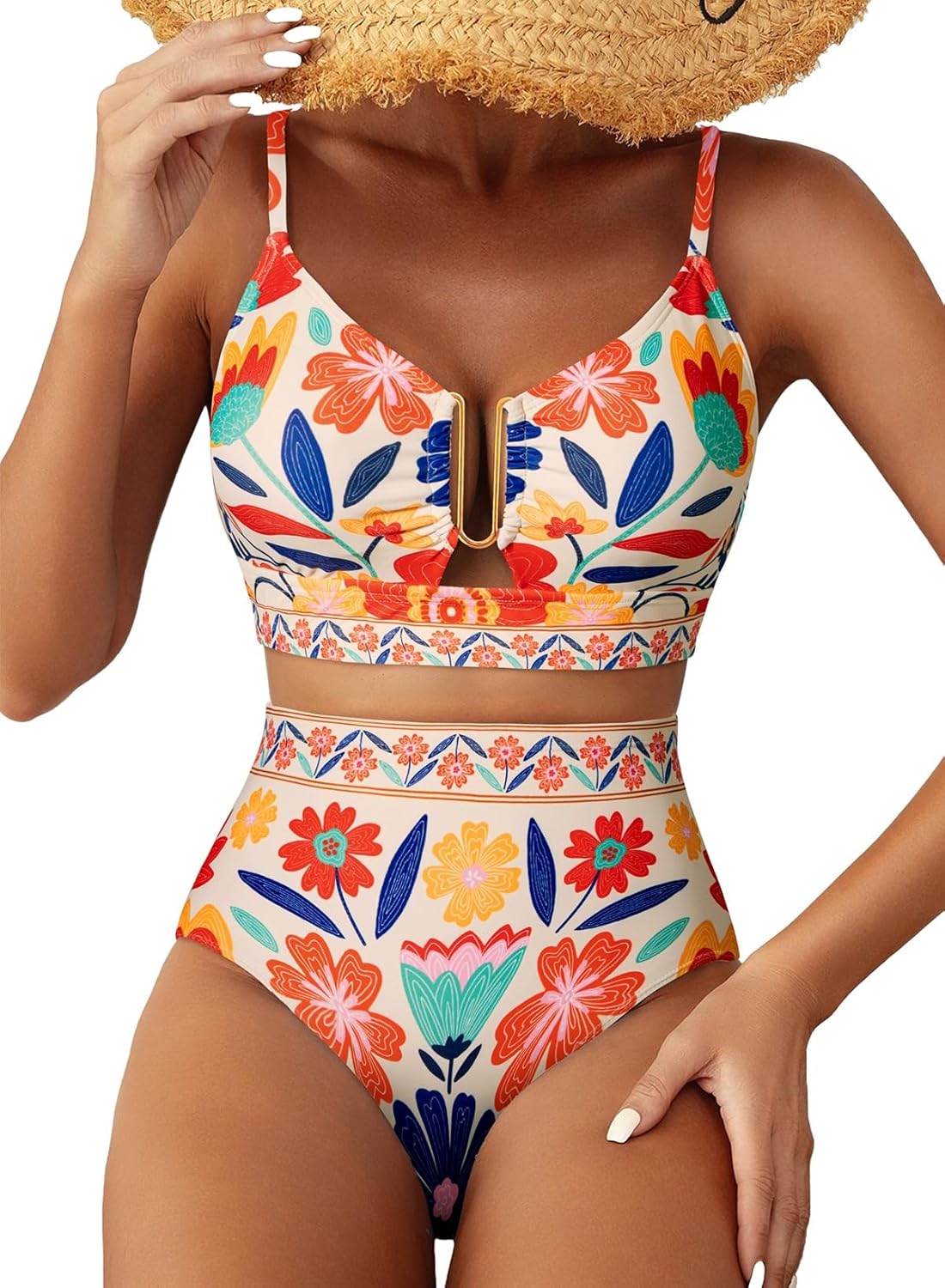 Herseas Womens 2 Piece High Waisted U Wire Bikini Set Floral Print Swimsuit Crisscross Back Bathing Suit Beach Swimwear