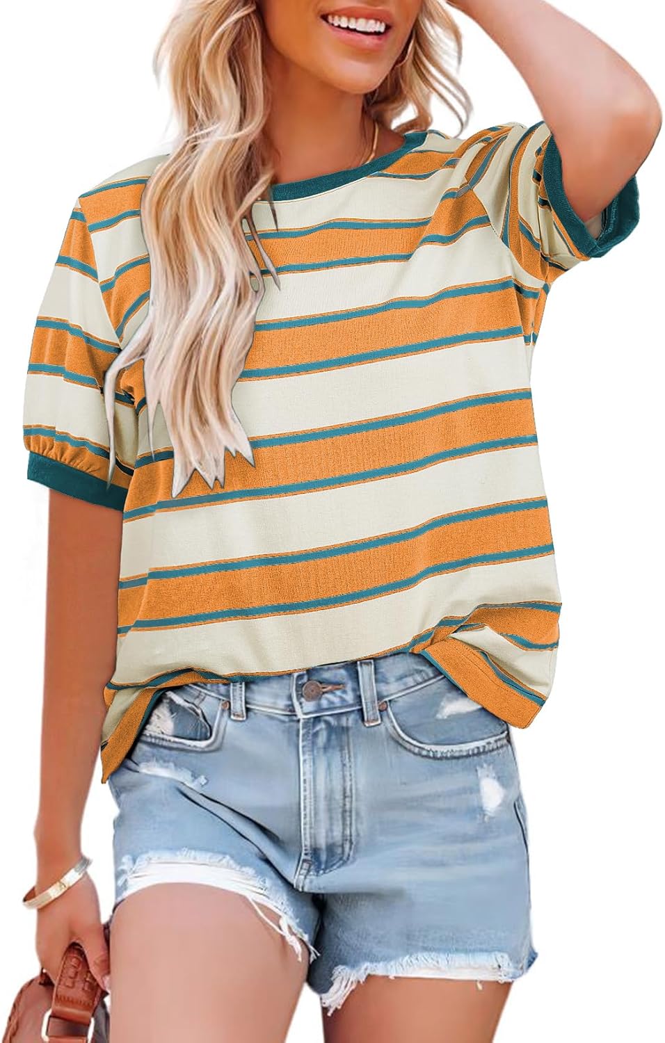 Dokotoo Womens Summer Tops 2026 Striped Color Block Short Sleeve Fashion T-Shirts Crewneck Casual Loose Basic Tee Blouses
