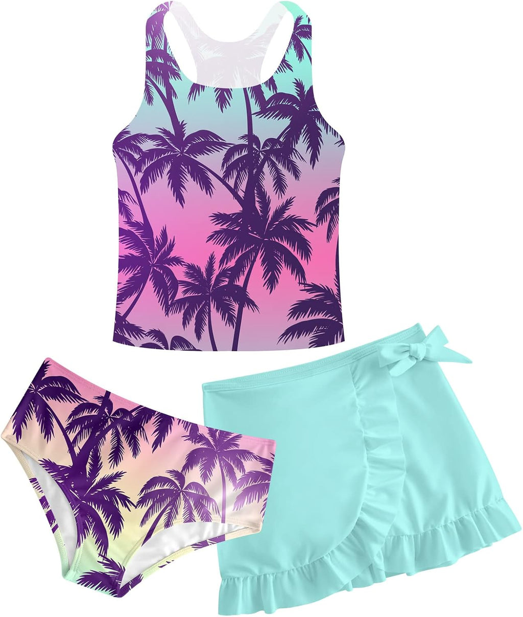 Girls Swimsuits 3 Piece Tankini Bathing Suit Set Cute Bikini Swimwear with Cover Ups Beach Skirt 5-16 Years