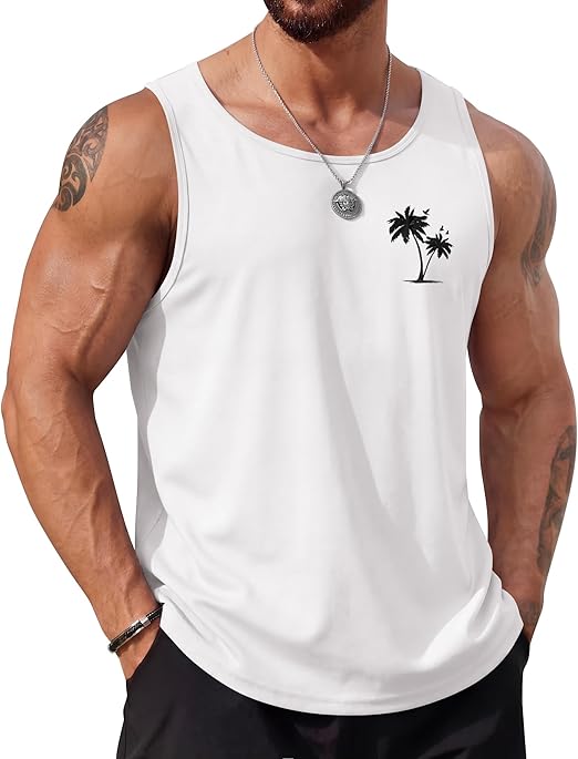 COOFANDY Mens Beach Tank Tops Summer Cotton Sleeveless Graphic T Shirts Palm Tree Casual Vacation Muscle Tank