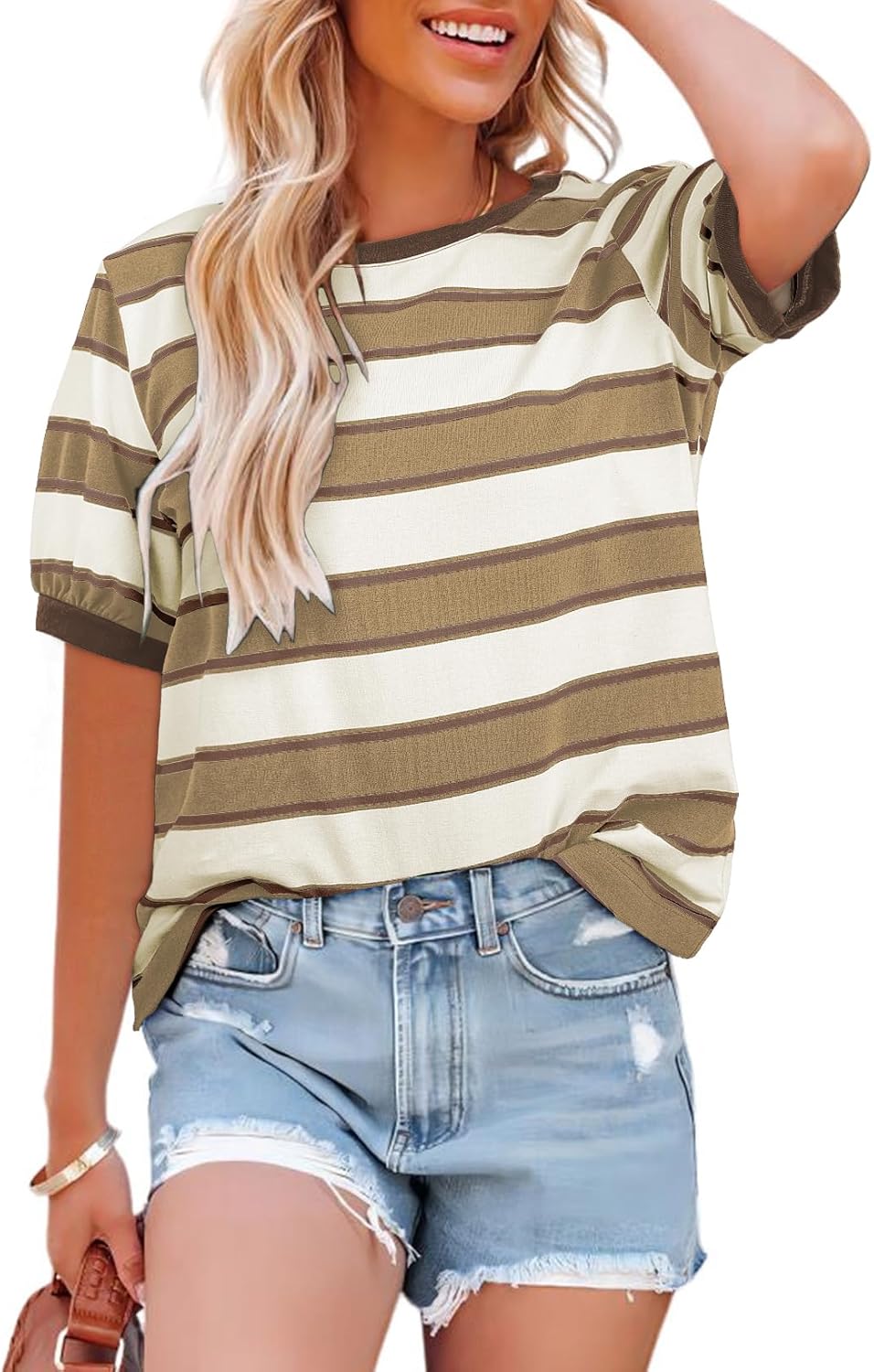 Dokotoo Womens Summer Tops 2026 Striped Color Block Short Sleeve Fashion T-Shirts Crewneck Casual Loose Basic Tee Blouses
