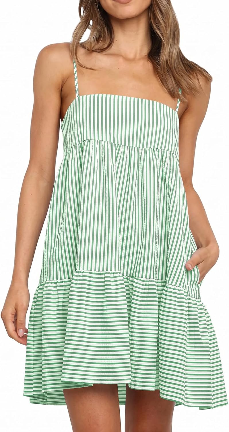 Wenrine Womens Summer Striped Mini Dress Casual Spaghetti Strap Sleeveless A Line Beach Sundress with Pockets