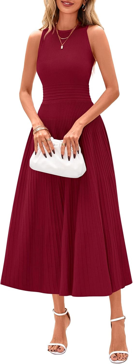 PRETTYGARDEN Spring Casual Dresses for Women 2026 Summer Business Work Midi Sleeveless A Line Pleated Cocktail Dress