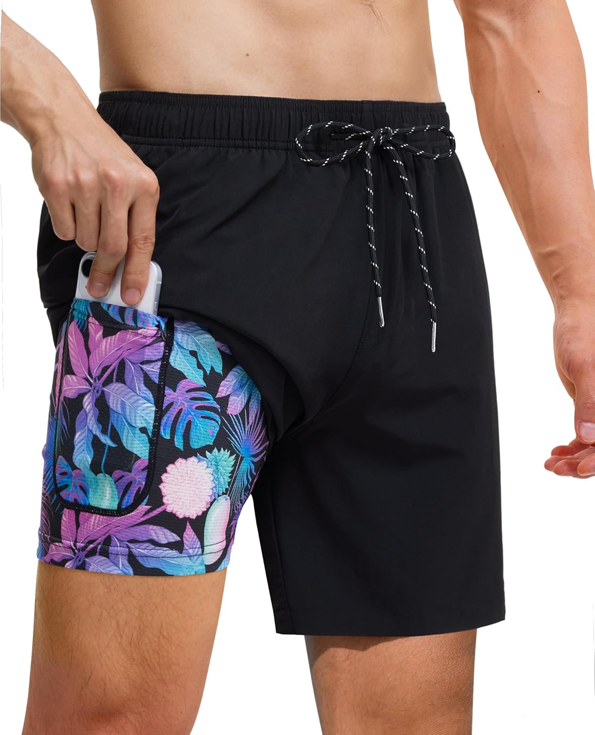Gleeease 7inch Mens Swim Trunks 2 in 1 with Compression Liner Pockets Drawstring Quick Dry Stretch Lined Funny Beach Pool