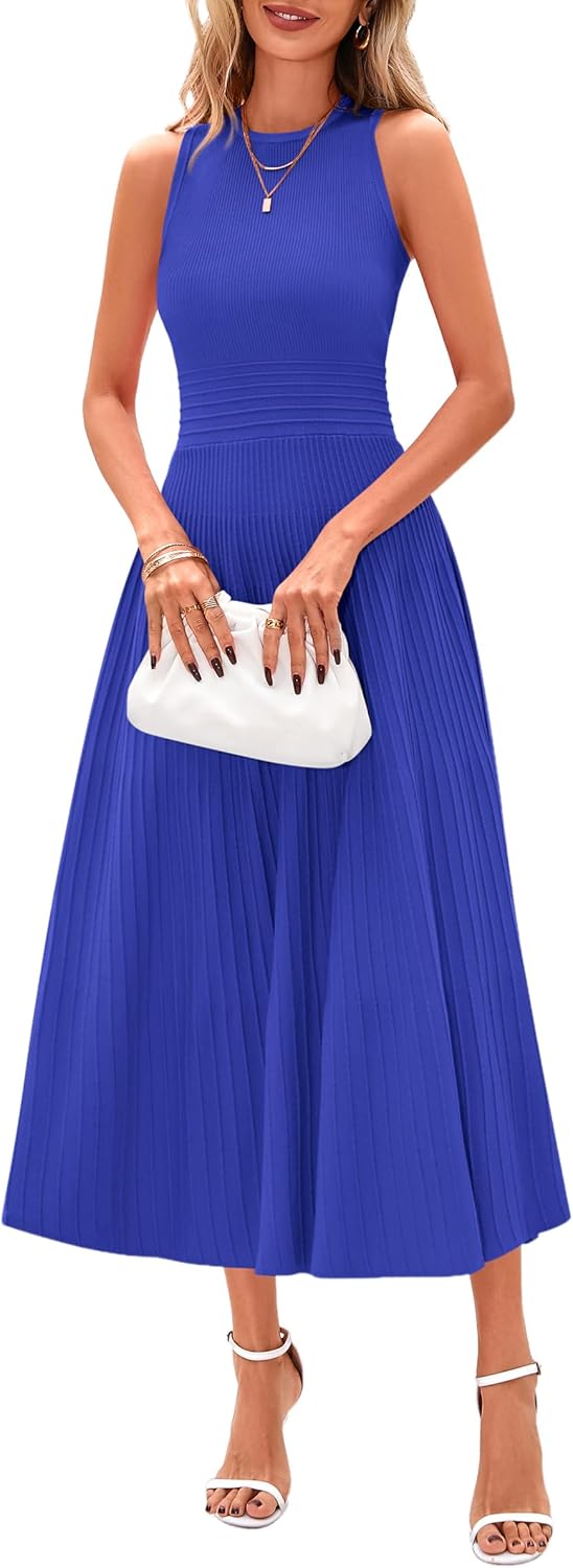 PRETTYGARDEN Spring Casual Dresses for Women 2026 Summer Business Work Midi Sleeveless A Line Pleated Cocktail Dress