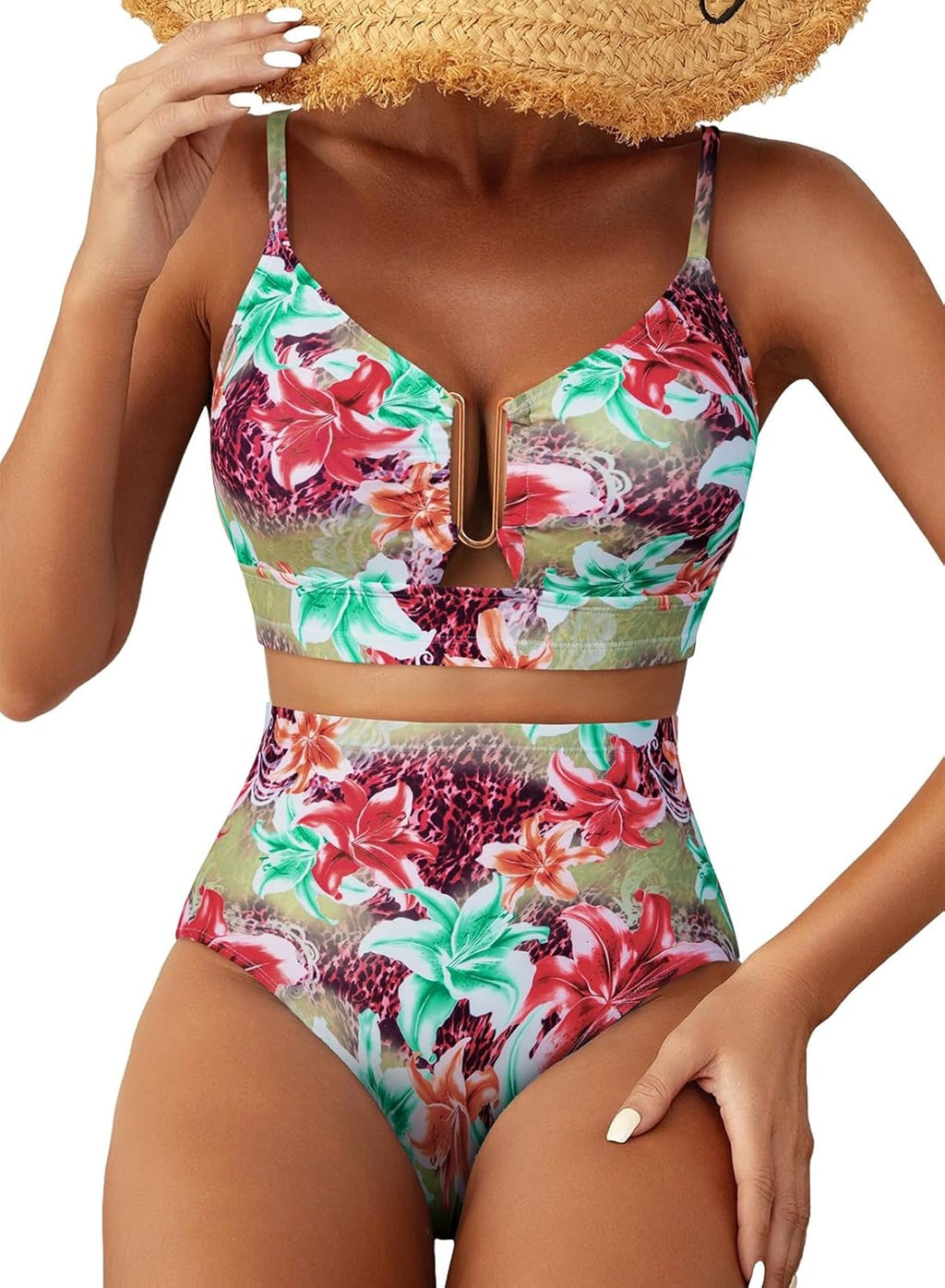 Herseas Womens 2 Piece High Waisted U Wire Bikini Set Floral Print Swimsuit Crisscross Back Bathing Suit Beach Swimwear