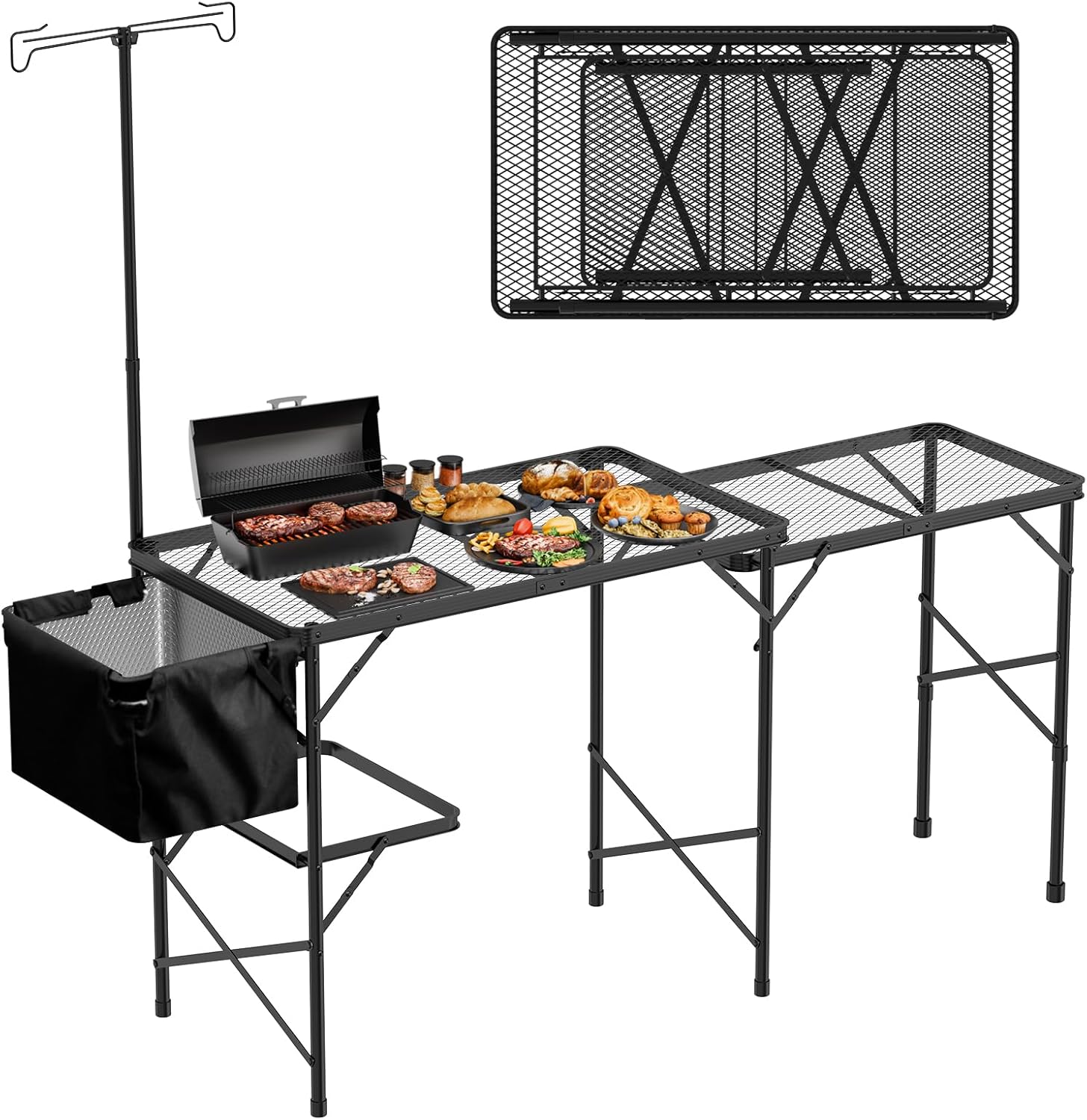 WildFinder Folding Table with 2 Wing Panels, 3x2 FT Camping Table with Mesh Desktop,Height Adjustable Folding Grill Table with Mesh Bag,Portable Outdoor Table for Picnic,Camping,BBQ,Beach(Black)