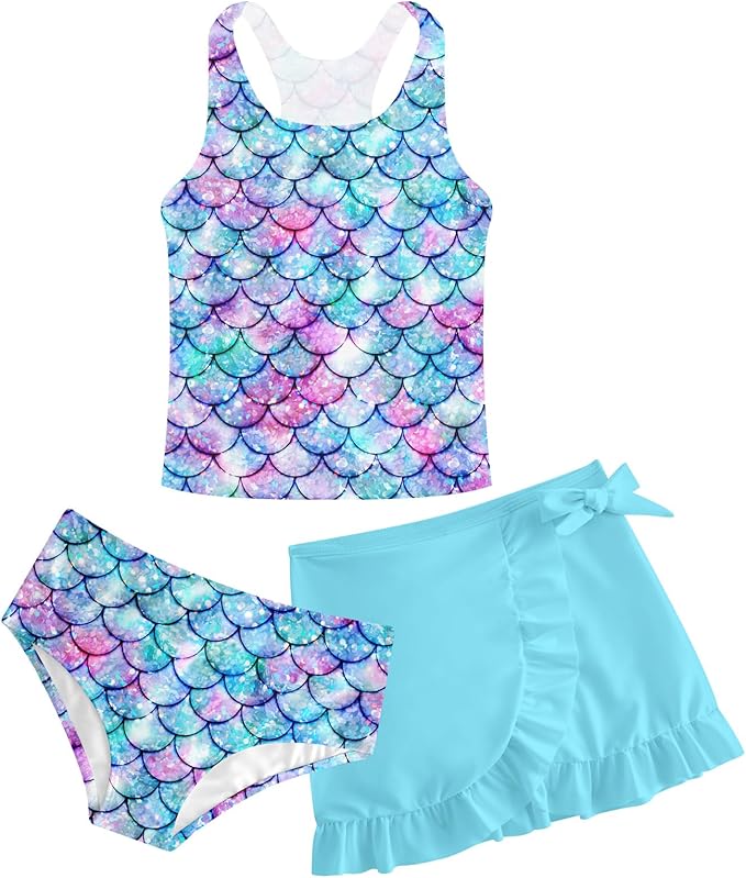 Girls Swimsuits 3 Piece Tankini Bathing Suit Set Cute Bikini Swimwear with Cover Ups Beach Skirt 5-16 Years