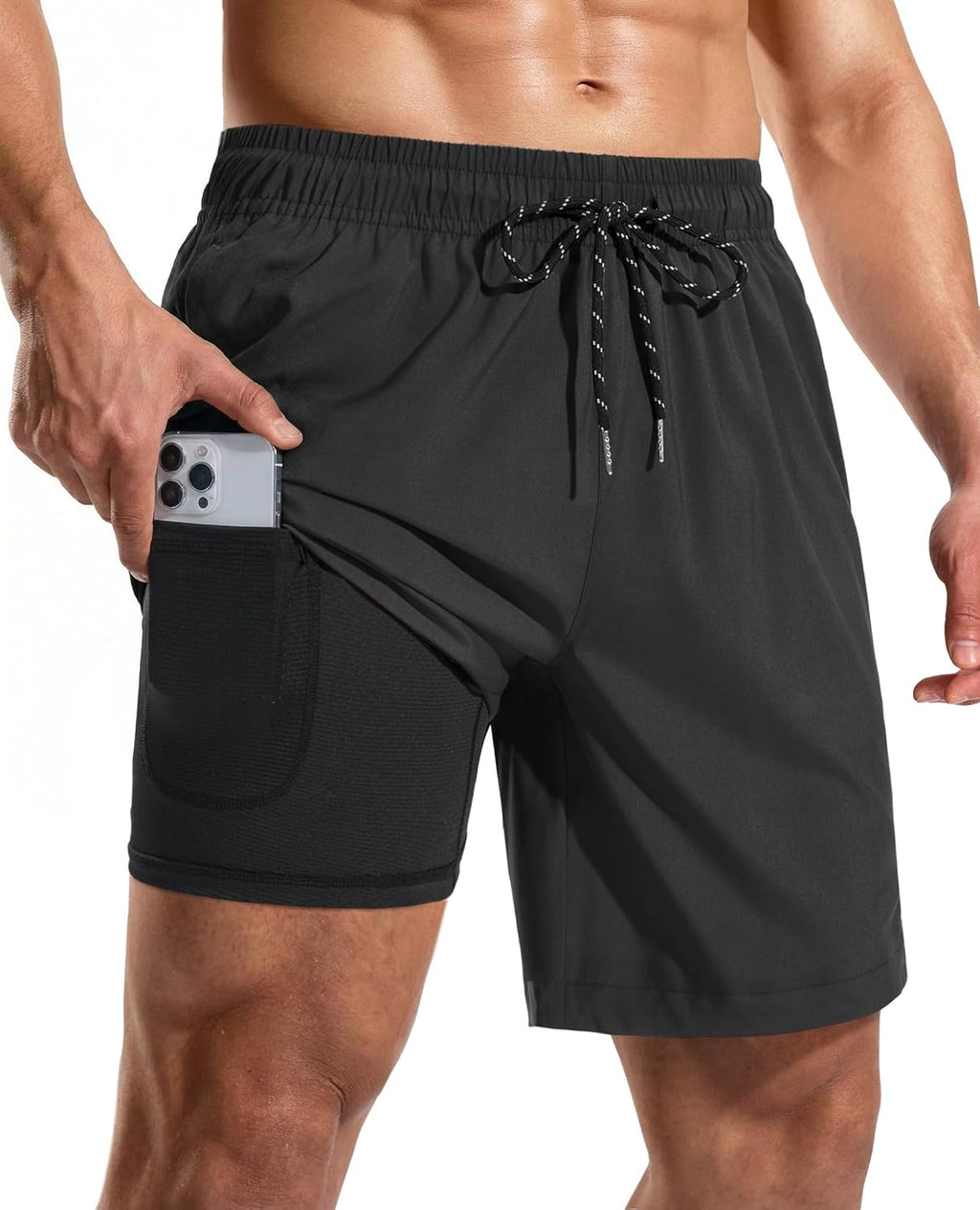 Gleeease 7inch Mens Swim Trunks 2 in 1 with Compression Liner Pockets Drawstring Quick Dry Stretch Lined Funny Beach Pool