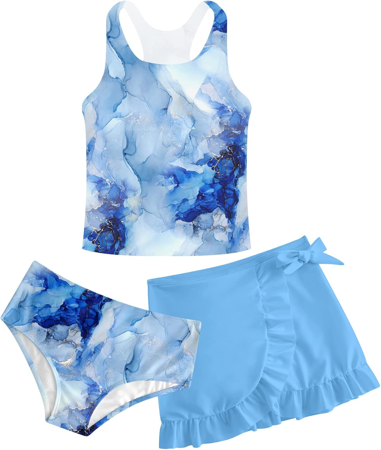 Girls Swimsuits 3 Piece Tankini Bathing Suit Set Cute Bikini Swimwear with Cover Ups Beach Skirt 5-16 Years