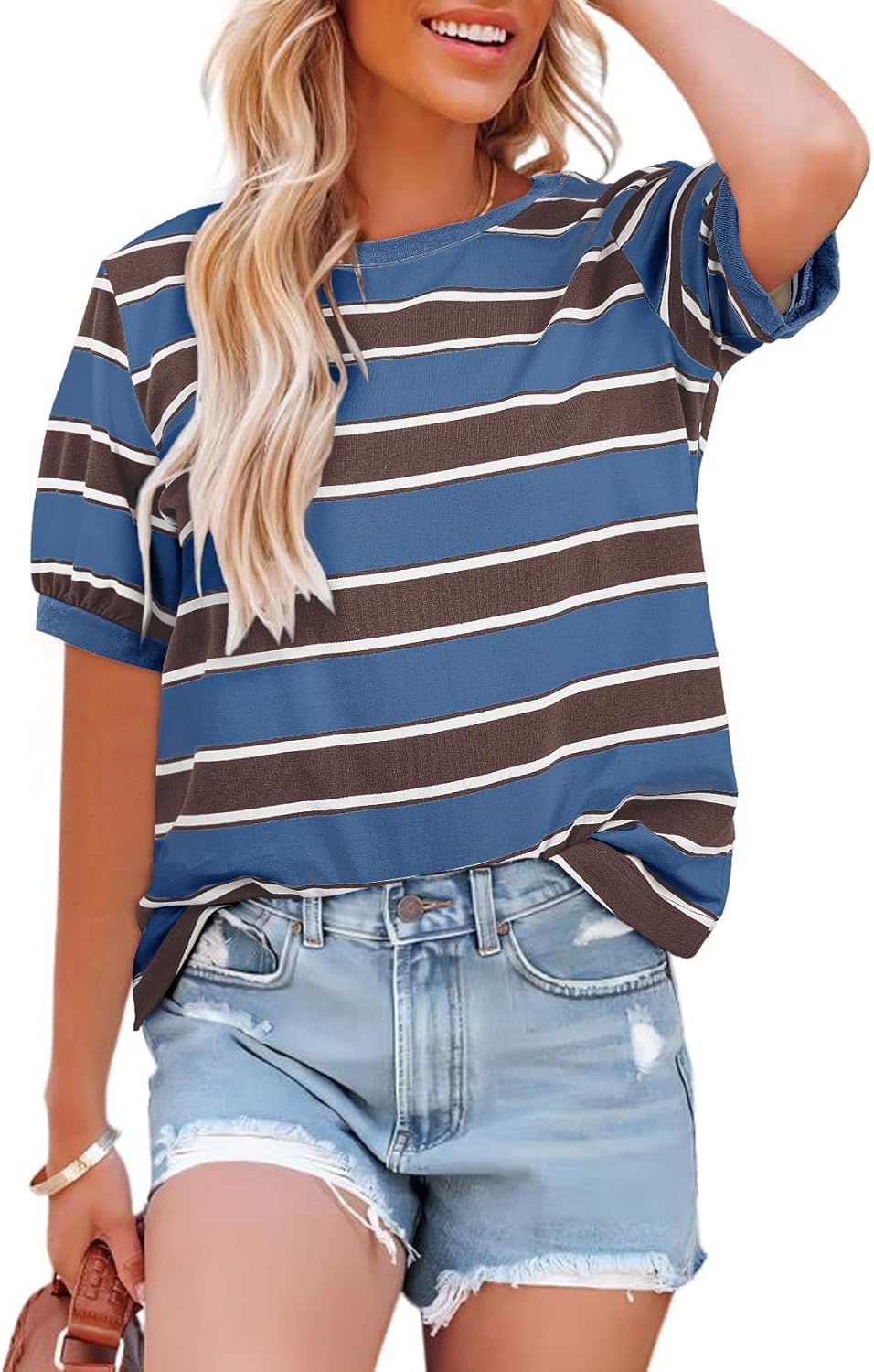 Dokotoo Womens Summer Tops 2026 Striped Color Block Short Sleeve Fashion T-Shirts Crewneck Casual Loose Basic Tee Blouses
