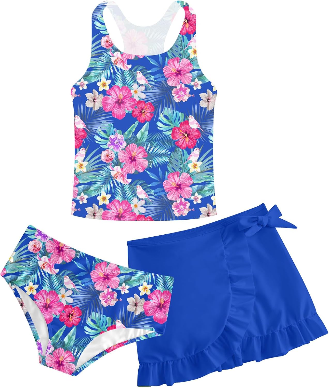 Girls Swimsuits 3 Piece Tankini Bathing Suit Set Cute Bikini Swimwear with Cover Ups Beach Skirt 5-16 Years