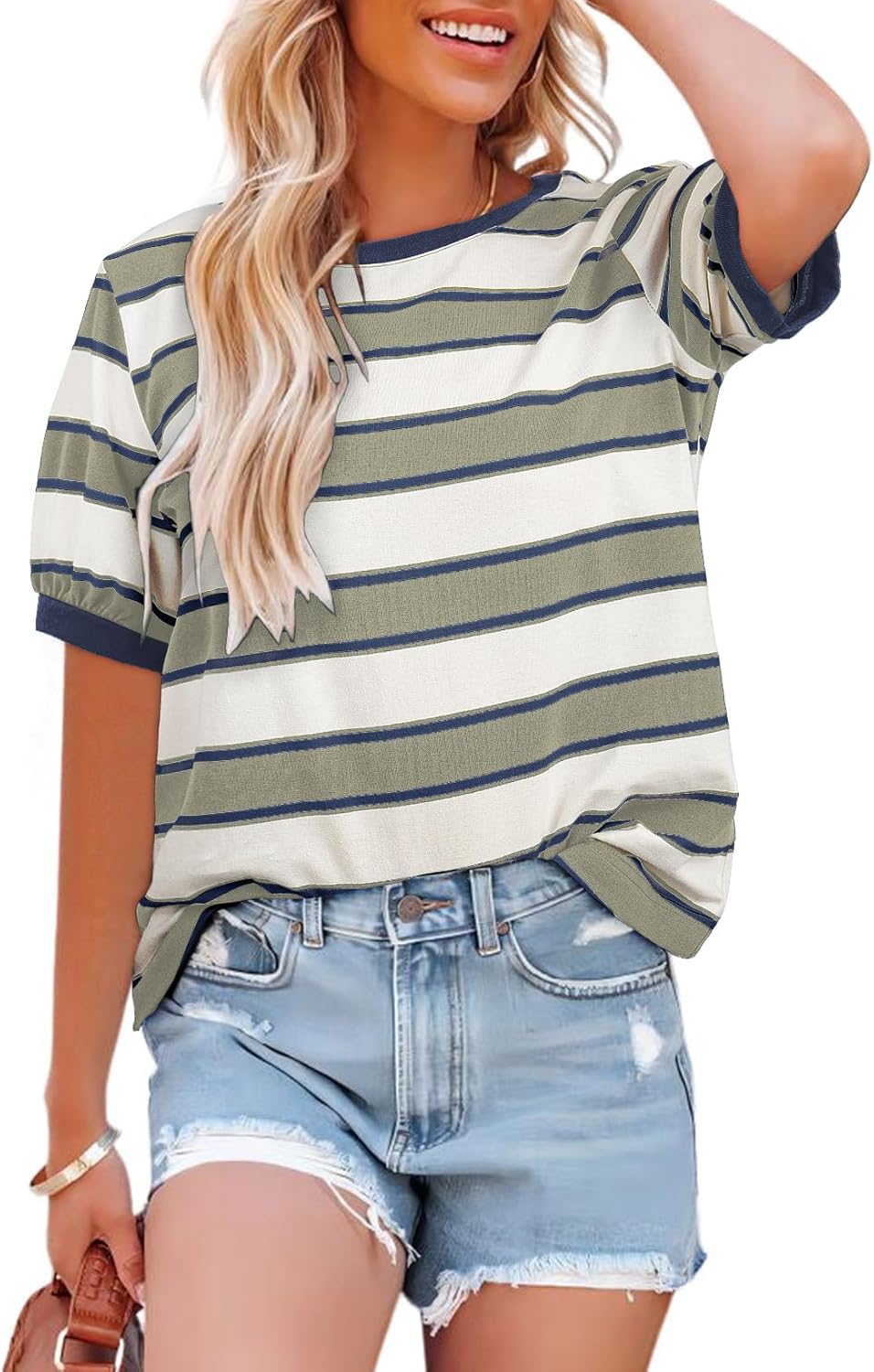 Dokotoo Womens Summer Tops 2026 Striped Color Block Short Sleeve Fashion T-Shirts Crewneck Casual Loose Basic Tee Blouses
