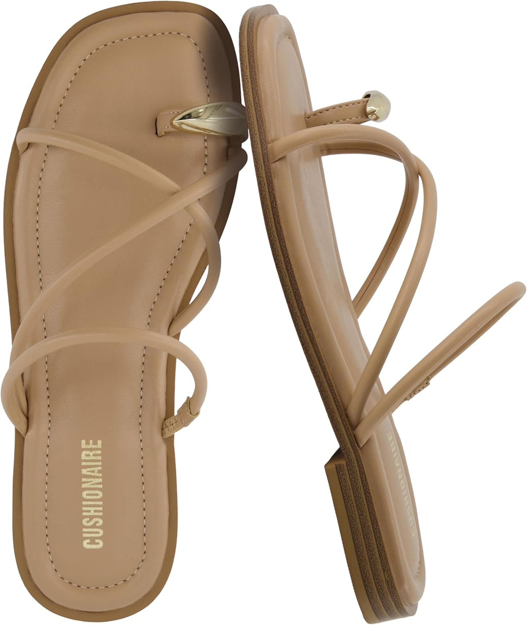 CUSHIONAIRE Venue Women’s Strappy Toe-Loop Slide Sandals with Gold-Tone Accent & Memory Foam Comfort