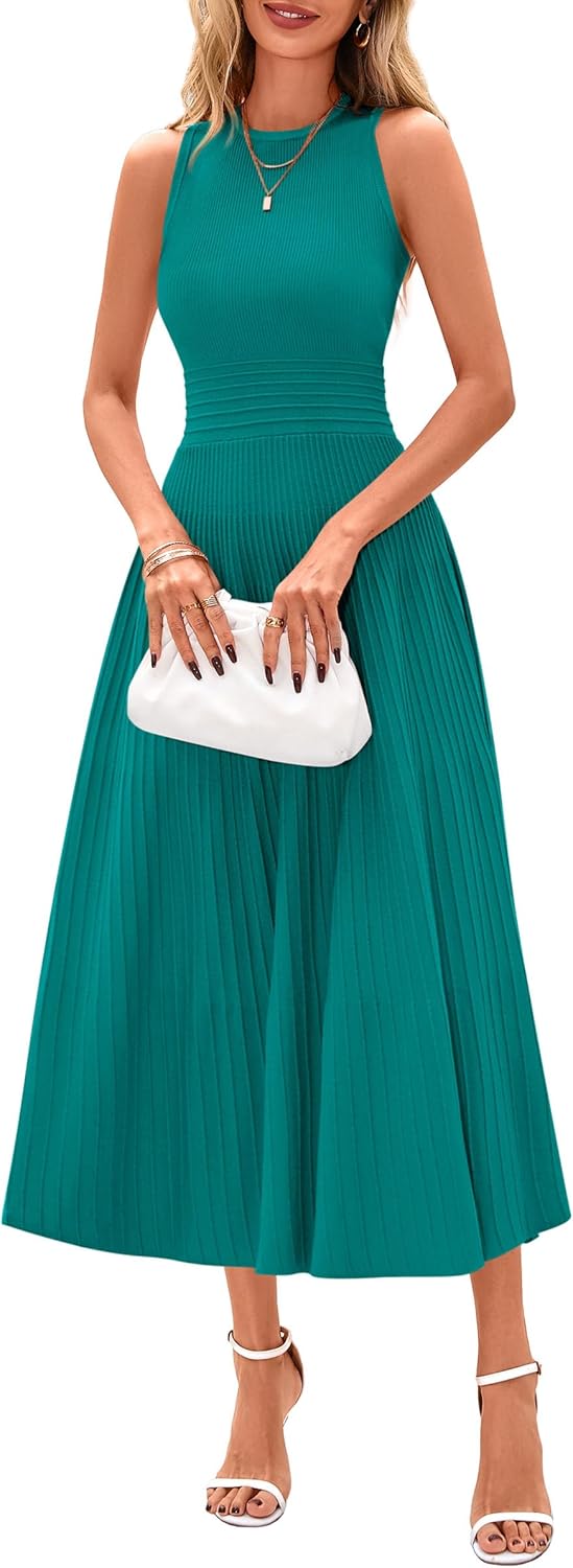 PRETTYGARDEN Spring Casual Dresses for Women 2026 Summer Business Work Midi Sleeveless A Line Pleated Cocktail Dress