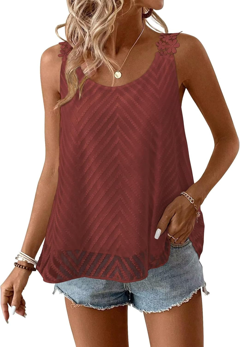 Womens Tank Tops Flowy Sleeveless Summer Boho Tank Top for Women Casual Crewneck Strap Lace Camisole Shirts