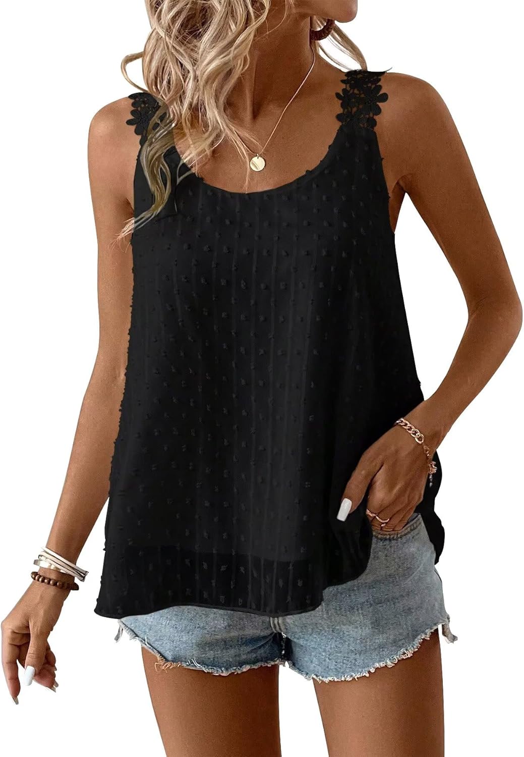 Womens Tank Tops Flowy Sleeveless Summer Boho Tank Top for Women Casual Crewneck Strap Lace Camisole Shirts