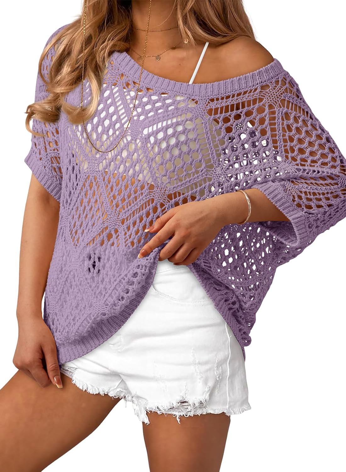 Dokotoo Women's Crochet Cover Up Tops Summer Short Sleeve Off Shoulder Sweater Shirts Beach Swimsuit Coverup