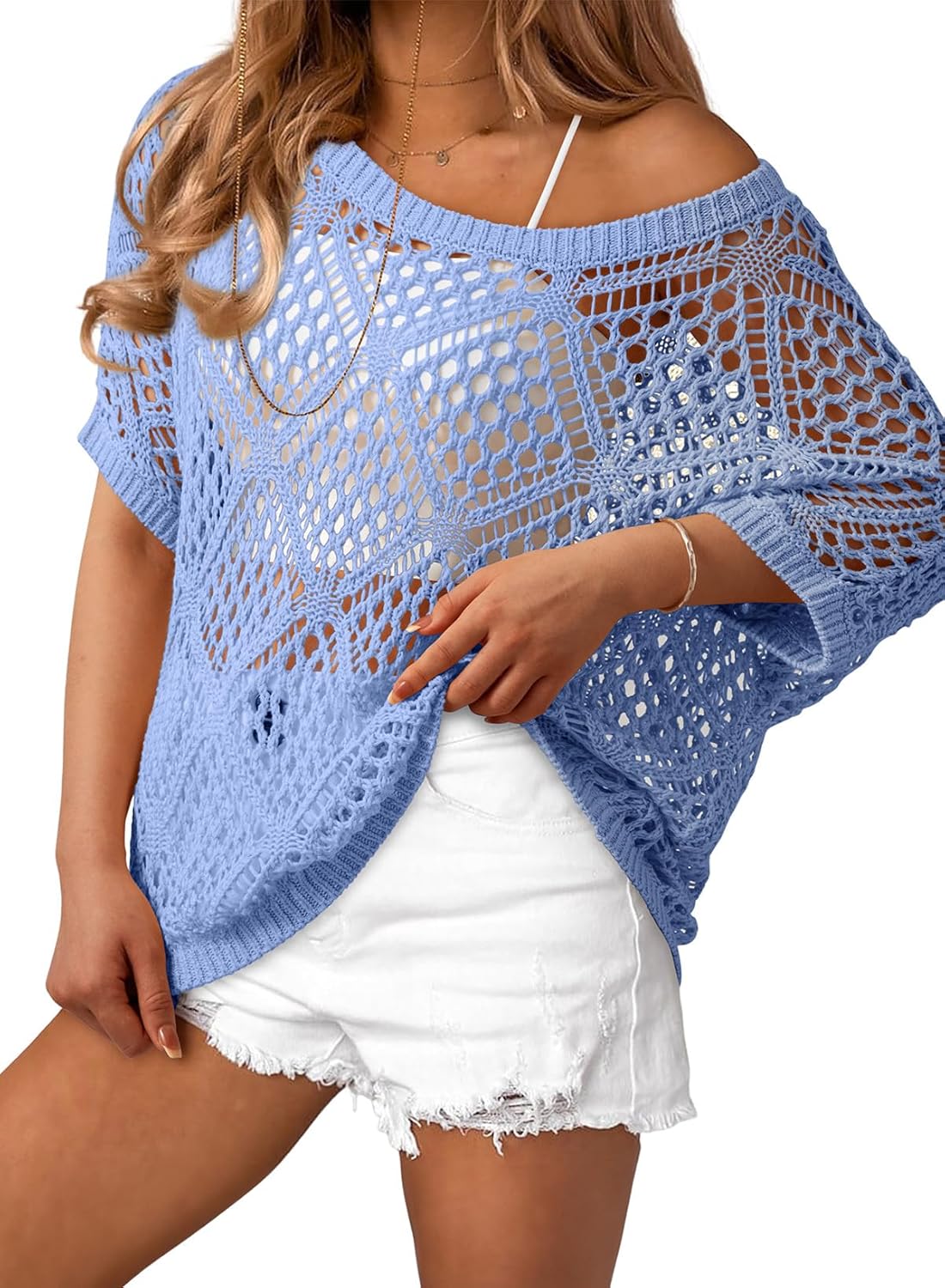 Dokotoo Women's Crochet Cover Up Tops Summer Short Sleeve Off Shoulder Sweater Shirts Beach Swimsuit Coverup