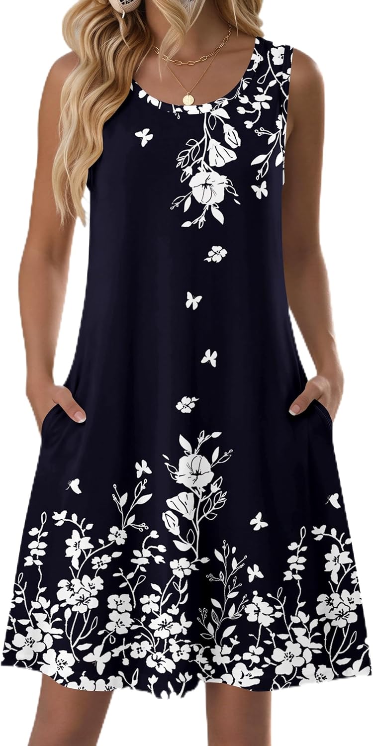 Zeagoo Summer Dresses for Women 2026 Sleeveless Casual Floral Tshirt Sundress with Pockets Loose Tank Beach Dress