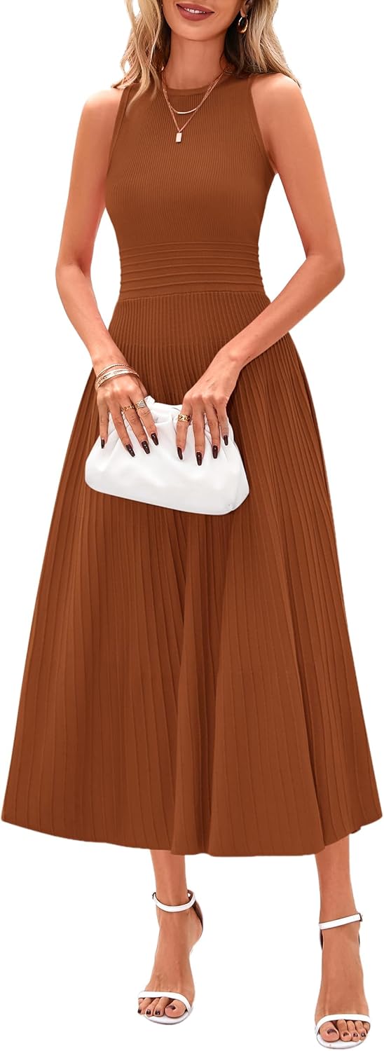 PRETTYGARDEN Spring Casual Dresses for Women 2026 Summer Business Work Midi Sleeveless A Line Pleated Cocktail Dress