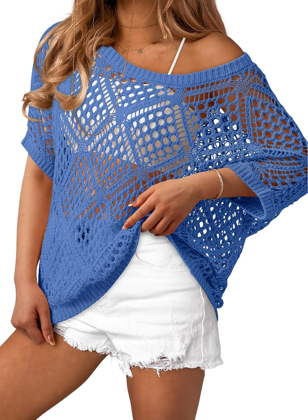 Dokotoo Women's Crochet Cover Up Tops Summer Short Sleeve Off Shoulder Sweater Shirts Beach Swimsuit Coverup