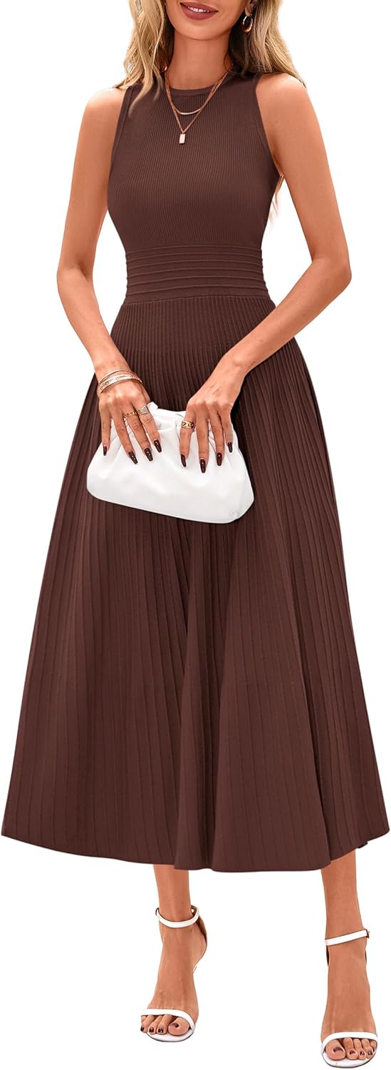 PRETTYGARDEN Spring Casual Dresses for Women 2026 Summer Business Work Midi Sleeveless A Line Pleated Cocktail Dress