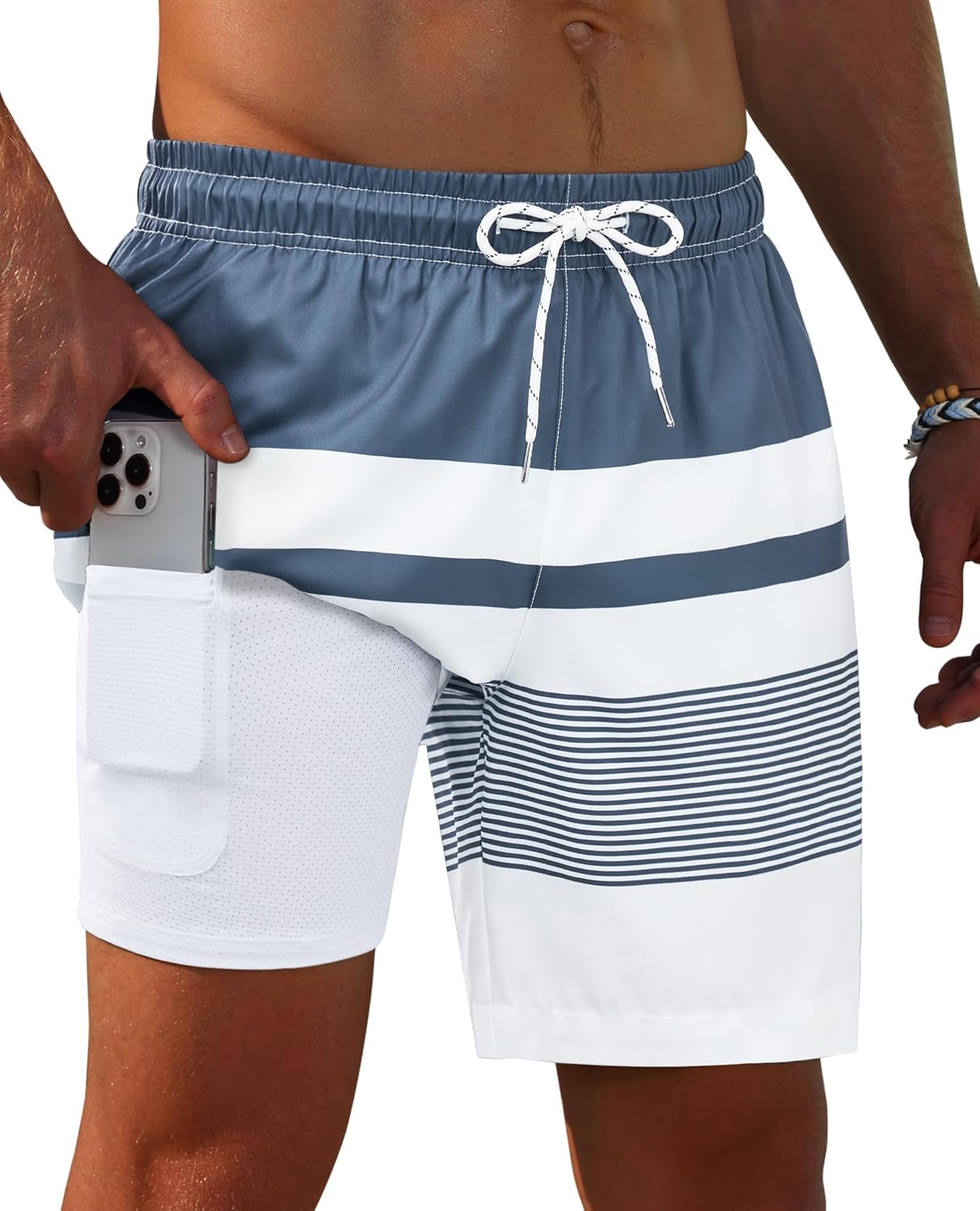 Gleeease 7inch Mens Swim Trunks 2 in 1 with Compression Liner Pockets Drawstring Quick Dry Stretch Lined Funny Beach Pool